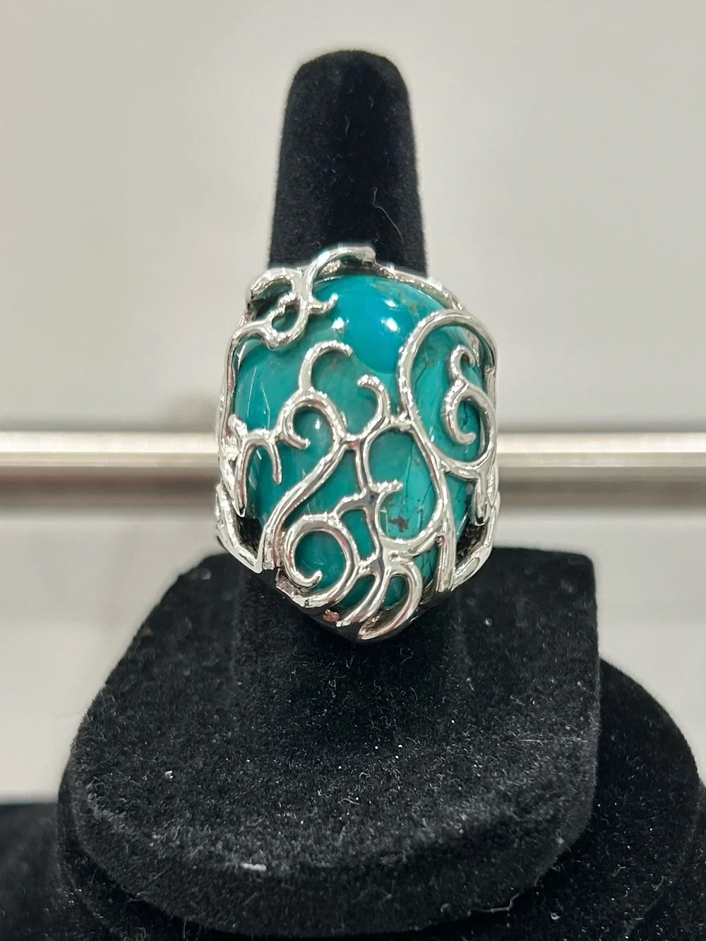 Barse Woman’s Turquoise Statement Ring with Sterling Silver Filigree